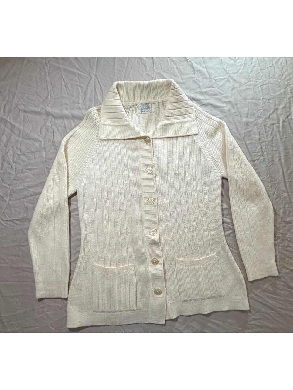 Vintage Sears Cream Cardigan Sweater Collared Ribbed Knit Gold Buttons Pockets